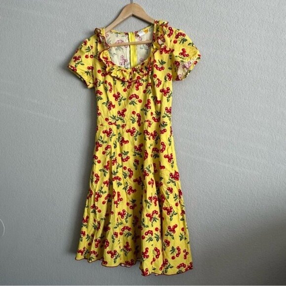 Bernie Dexter Yellow Cherry Print Dress Small - 1940s Retro Rockabilly Pin-Up - Picture 4 of 14